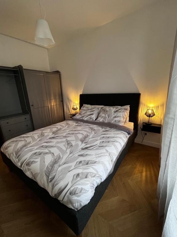 a large bed in a bedroom with two lamps at Appartement moderne et cosy , 5 min de la gare de RER D , remise des clés en main propre in Alfortville