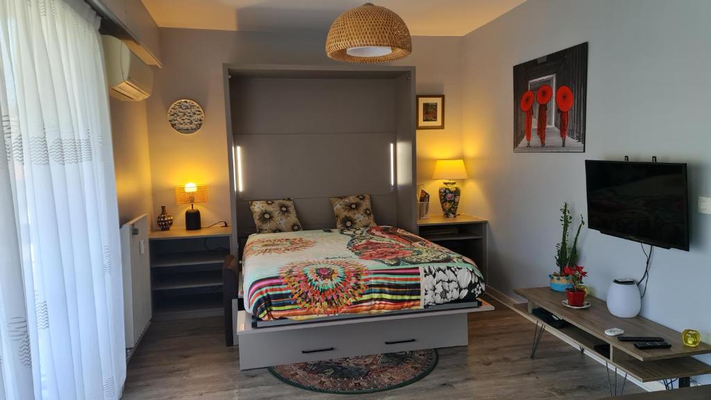 een slaapkamer met een bed, een bureau en een televisie bij Golfe Juan Studio in Vallauris