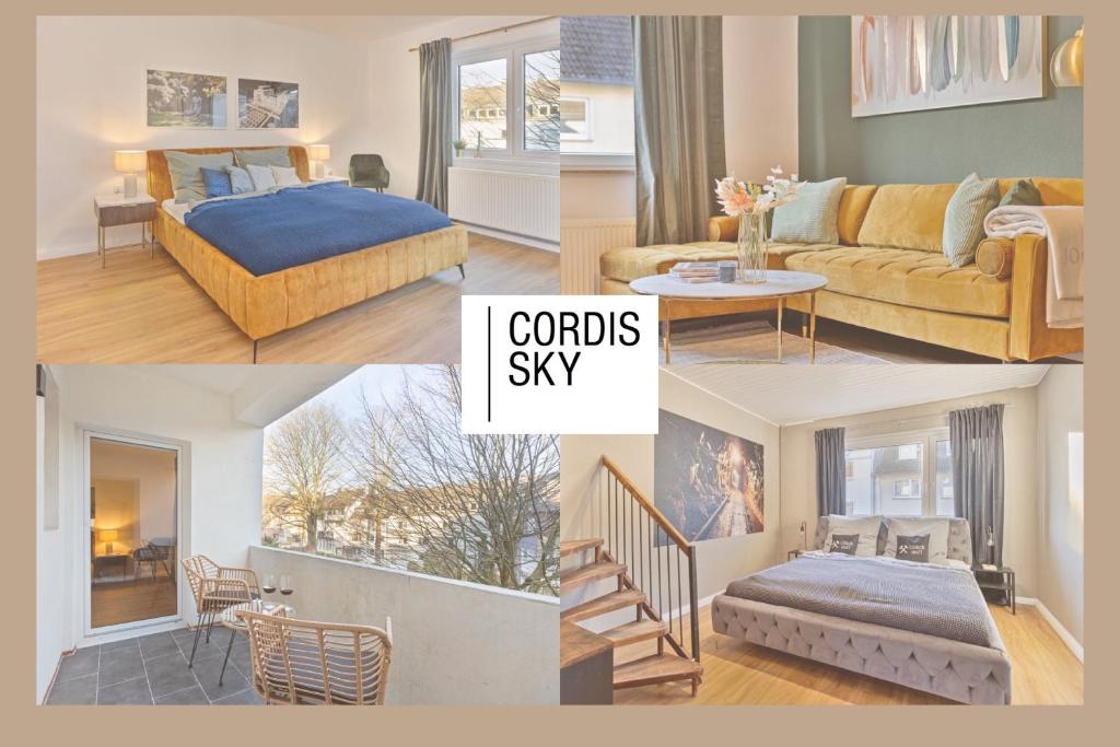 eine Collage mit Fotos von einem Schlafzimmer und einem Wohnzimmer in der Unterkunft Villa trifft Zeche by Cordis Sky für bis zu 7 Personen 5 Minuten zur Messe Essen und zum Hauptbahnhof Essen in Essen