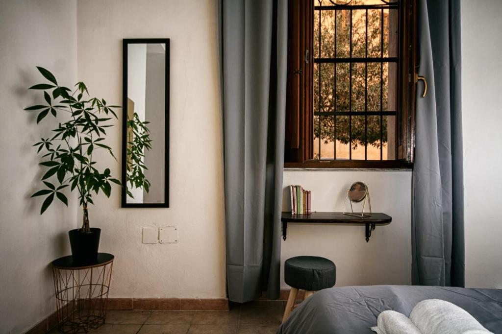 卡利亞里的住宿－La Nicchia，一间卧室,配有床、窗户和植物
