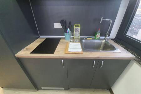 um balcão de cozinha com um lavatório e uma janela em Budget Central Serviced Studio Apartment em Sunderland