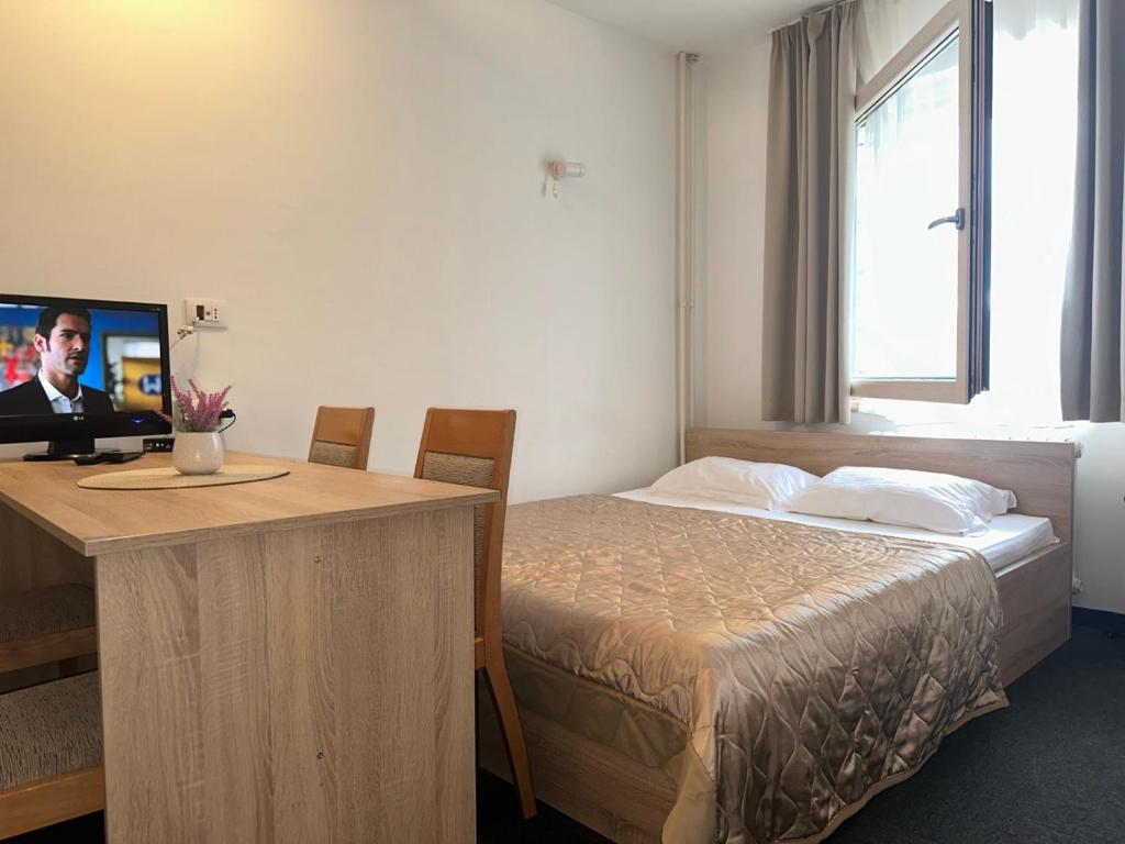 Habitación de hotel con cama y escritorio con TV. en Apartman Masa Kopaonik, en Kopaonik