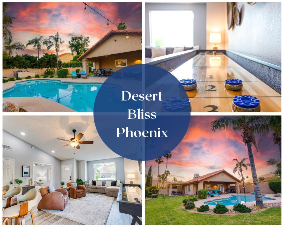 eine Collage mit Fotos von einem Haus und einem Pool in der Unterkunft Monte Cristo Phoenix home in Phoenix