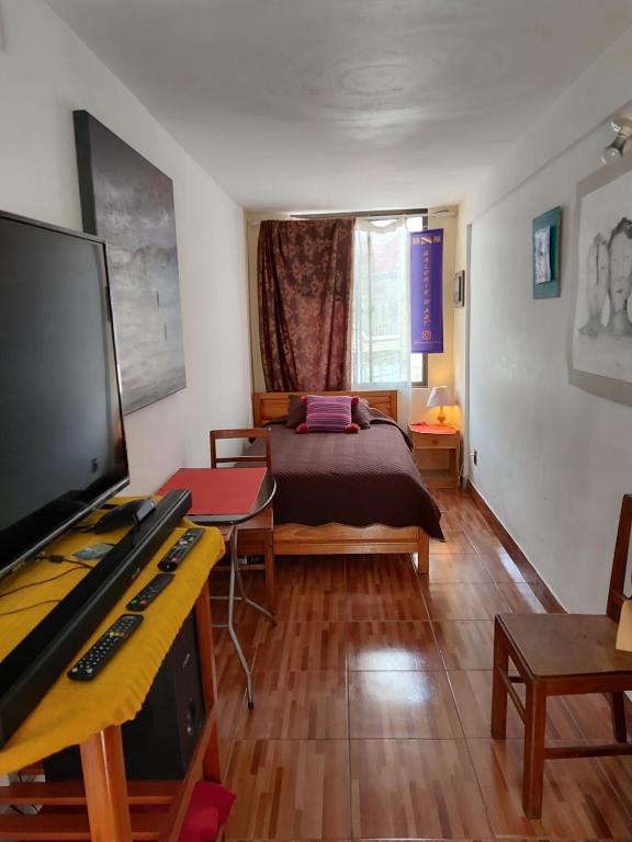 a living room with a bed and a television at Departamento privado artístico in La Paz