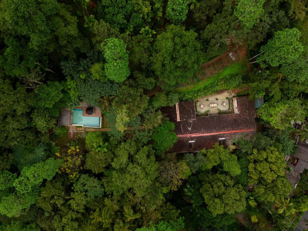 an overhead view of a forest with a house at The Weir House in Ulapane