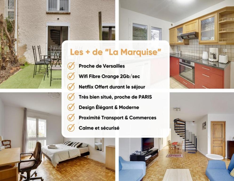 un collage de fotos de una cocina y una sala de estar en La "Marquise", Jardin et Parking Privatif en Guyancourt