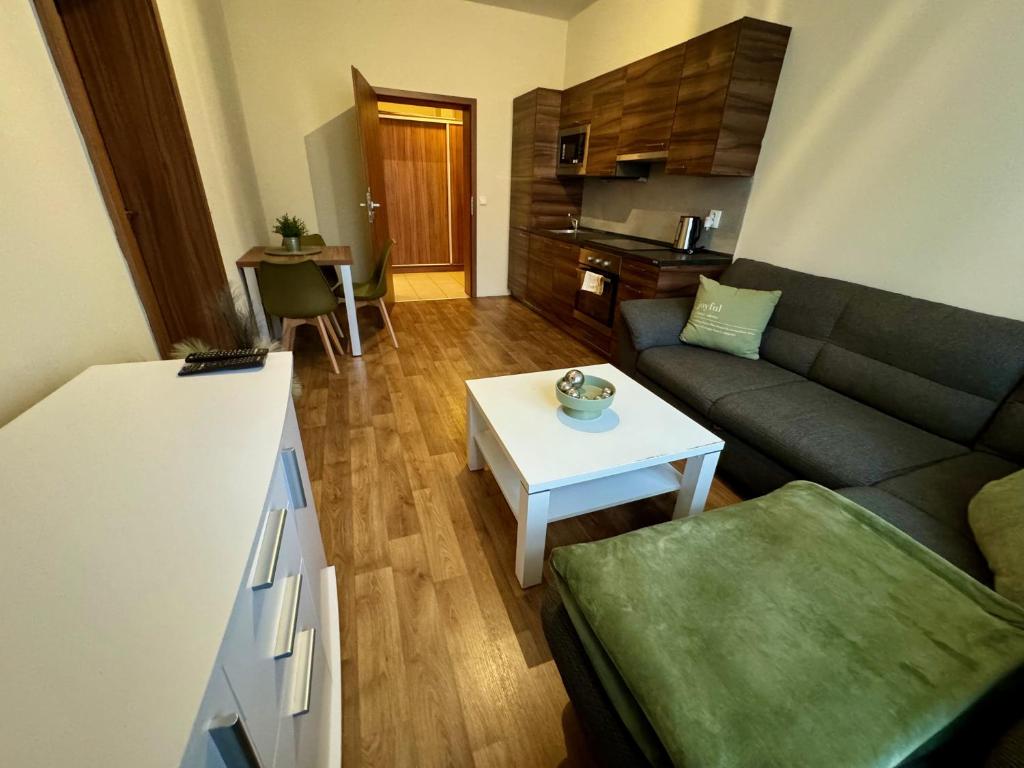 ein Wohnzimmer mit einem Sofa und einem Tisch in der Unterkunft Apartmány Laubeho náměstí in Teplice