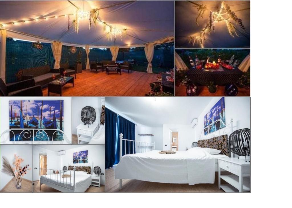 a collage of pictures of a bedroom with a bed at Vila La Panda in Costinesti