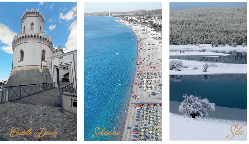 eine Collage mit Bildern eines Strandes und einer Kirche in der Unterkunft MoMa B&B in Corigliano Calabro