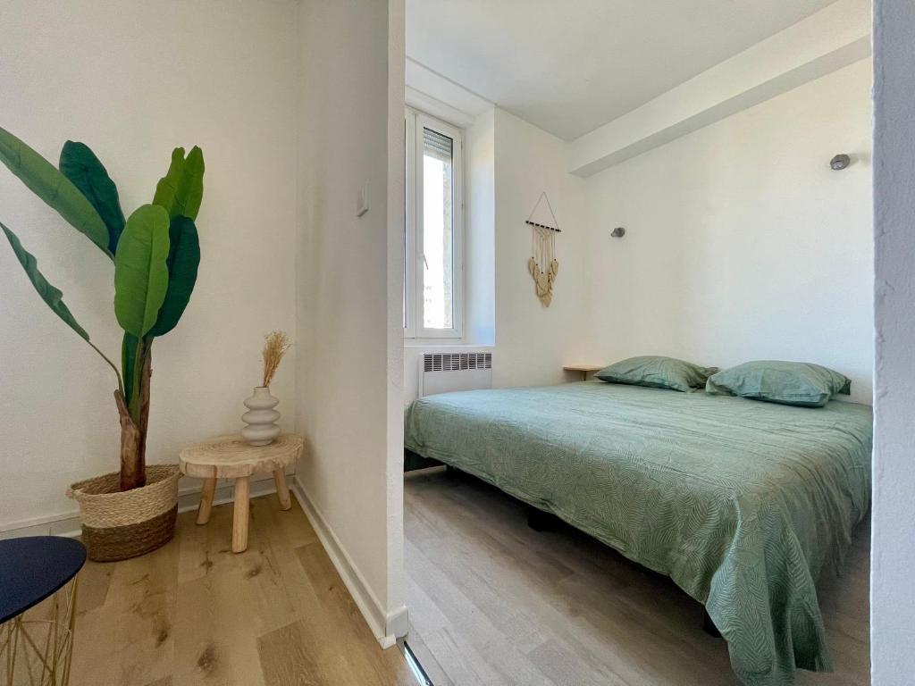 um quarto com uma cama e um vaso de plantas em Les Appartements - Canal du Midi em Carcassonne