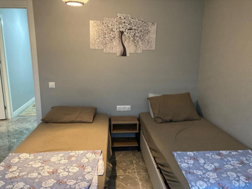 um quarto com duas camas e uma foto na parede em Adana Centrum Flat 1 em Seyhan