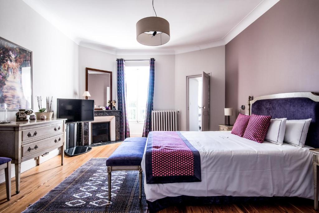 a bedroom with a large bed and a tv at Gîte Château de Seguin in Lignan-de-Bordeaux