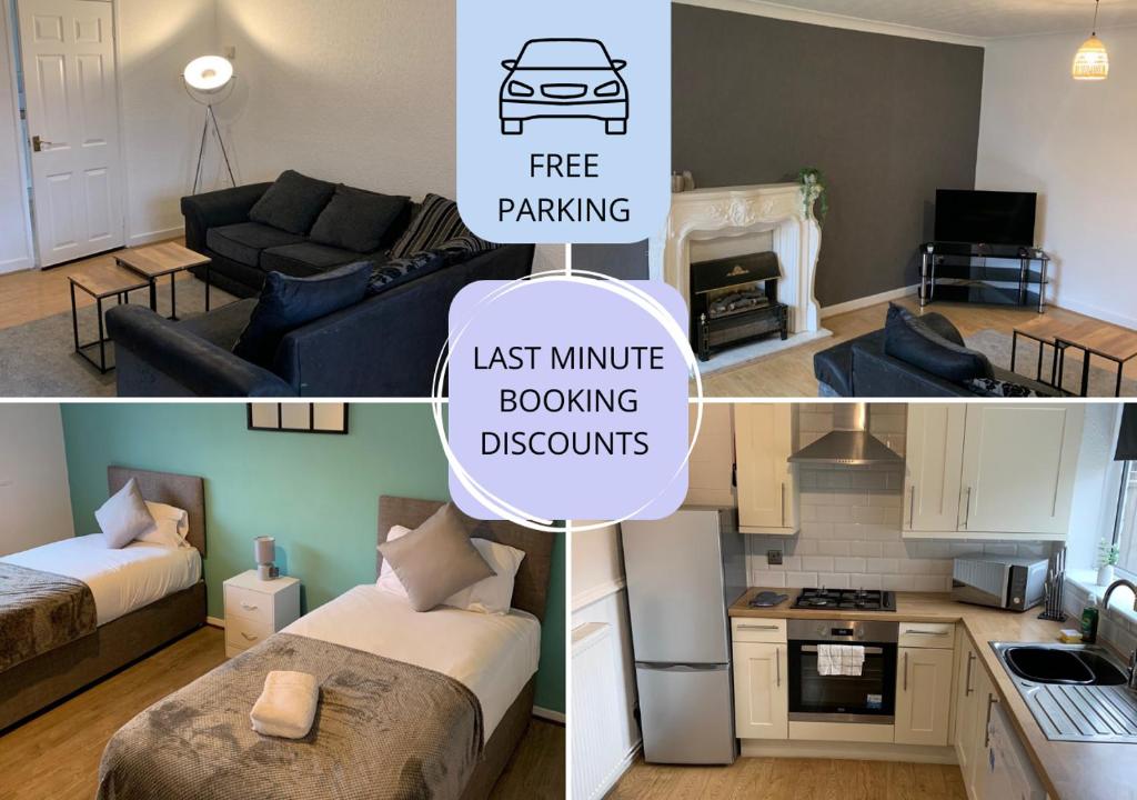 a collage of four pictures of a living room and a kitchen at Contractor Stays by Furnished Accommodation Manchester - Park Your Van on the Driveway with CCTV in Manchester