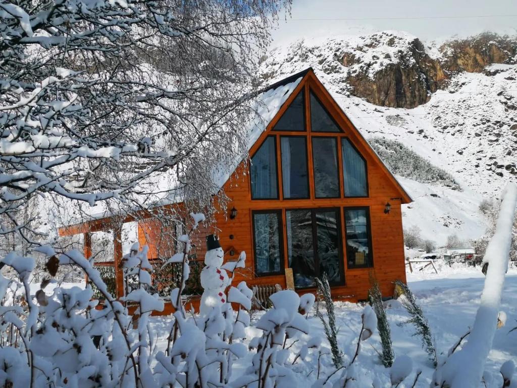 Cabaña en la nieve con ventana grande en Kazbegi Mountain Cottage MTA-Shi, en Kazbegi