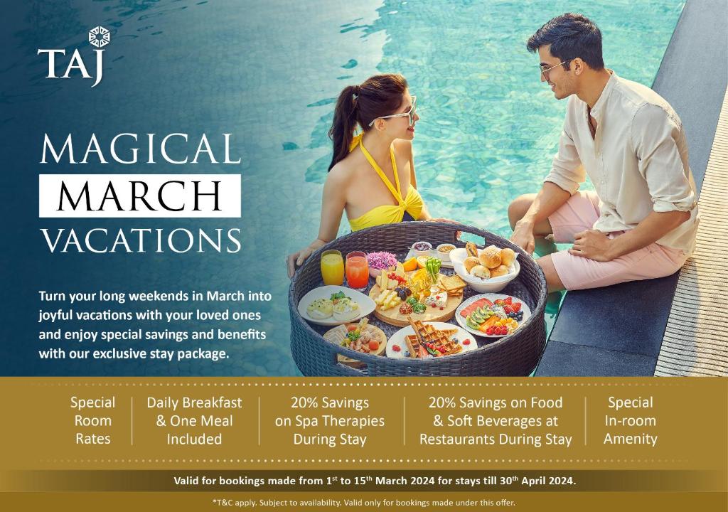 a flyer for a marketing event with a man and a woman sitting by the water at Taj Wellington Mews Chennai in Chennai