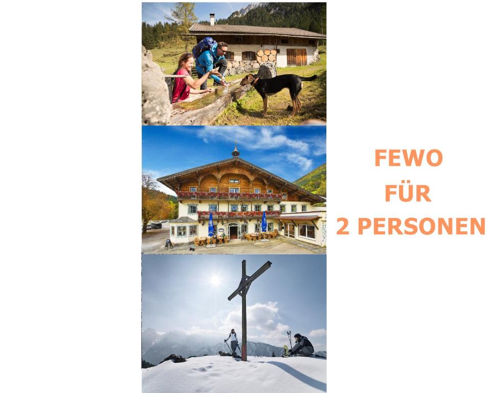 a collage of photos with a cross and a house at Urlaub mit Hund im Familienparadies MoNi, FeWo 15 in Thiersee