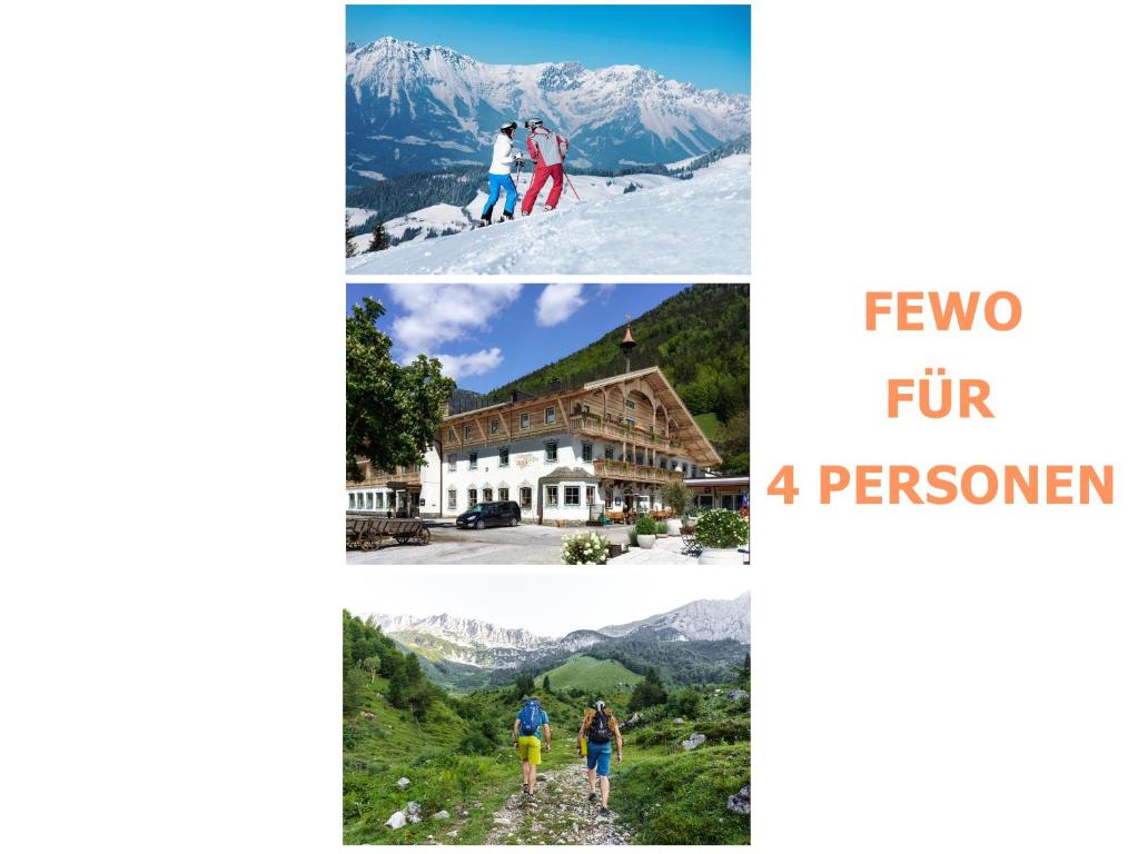 een collage van foto's van een skigebied en een huis bij Familienurlaub mit Baden & Berge, FeWo 2 in Thiersee
