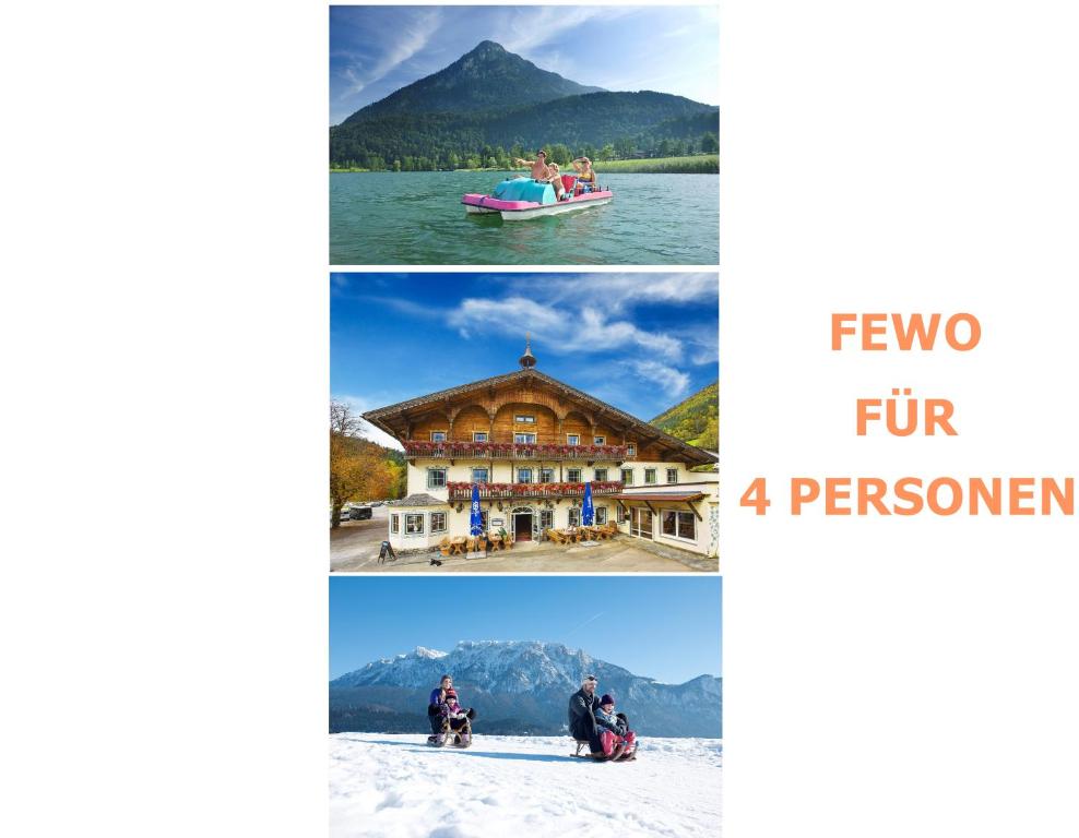 uma colagem de fotos com uma casa e um barco em Auszeit im Thierseetal, Gemütliche Ferienwohnung in Tirol, FeWo 3 em Thiersee