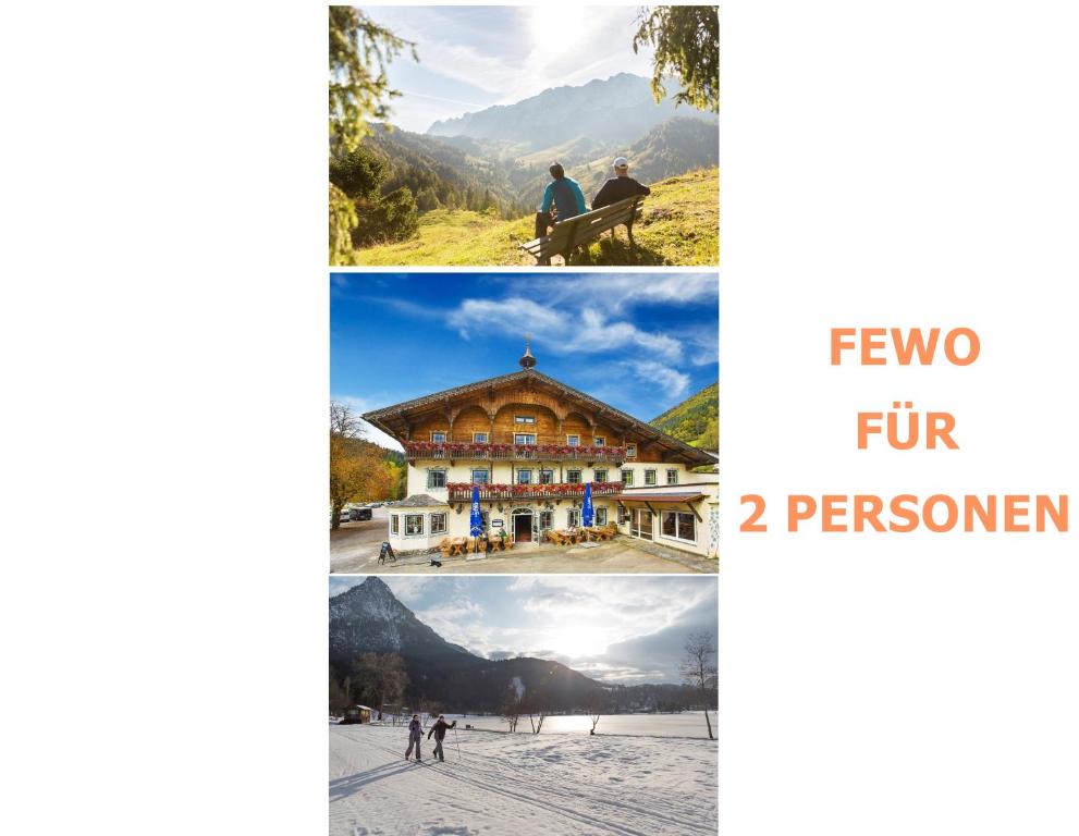 a collage of photos of a house and a ski resort at Familienparadies MoNi Ferienwohnung 4 in Thiersee