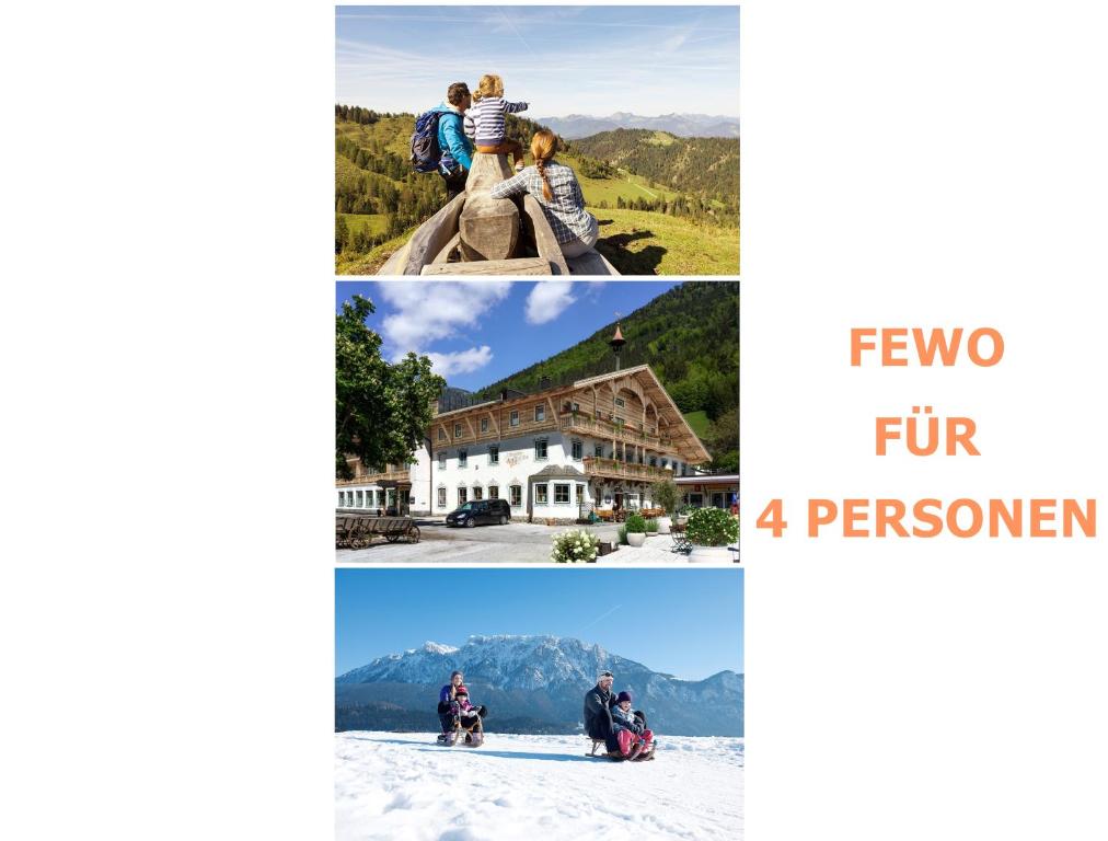 un collage de cuatro fotos de personas en la nieve en Auszeit im Thierseetal, familienfreundliche Ferienwohnung, FeWo 7, en Thiersee