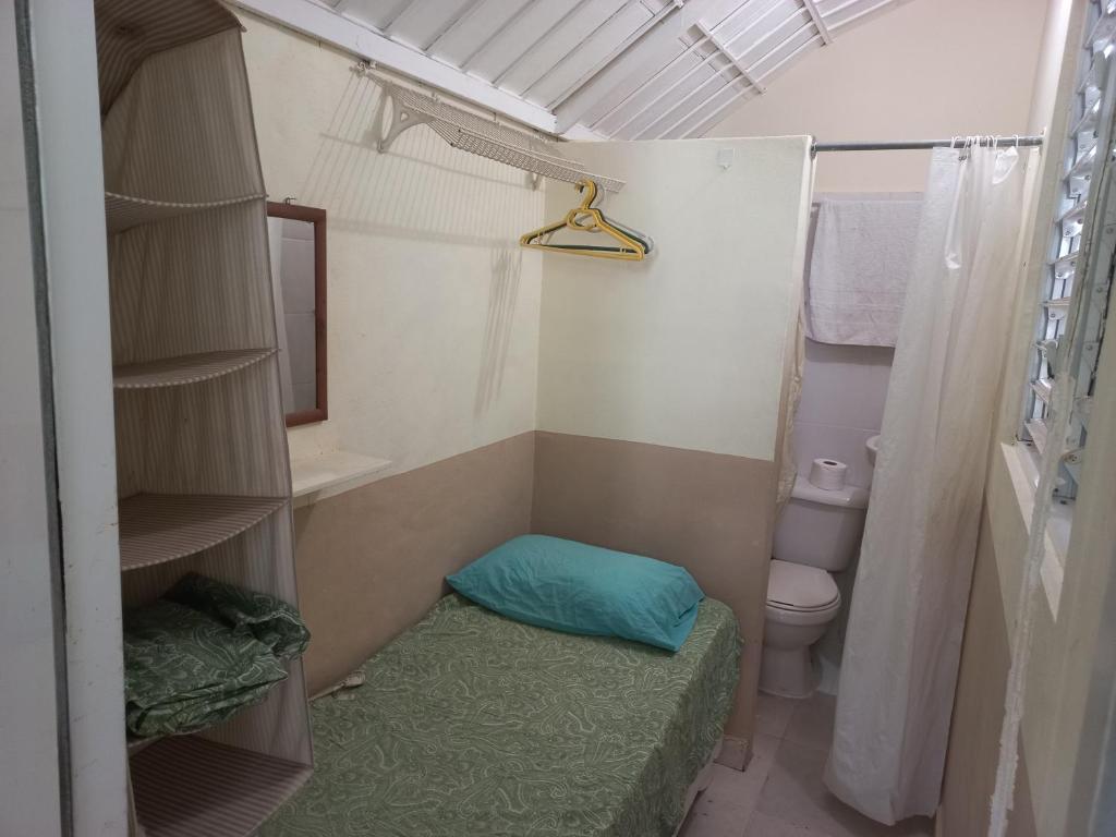 Baño pequeño con cama y aseo en MiniHabitacion coqueta, en Santo Domingo