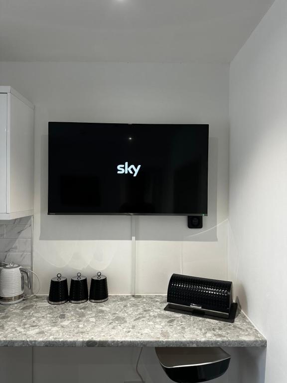 uma televisão de ecrã plano pendurada numa parede em Town Centre Studio Flat em Merthyr Tydfil