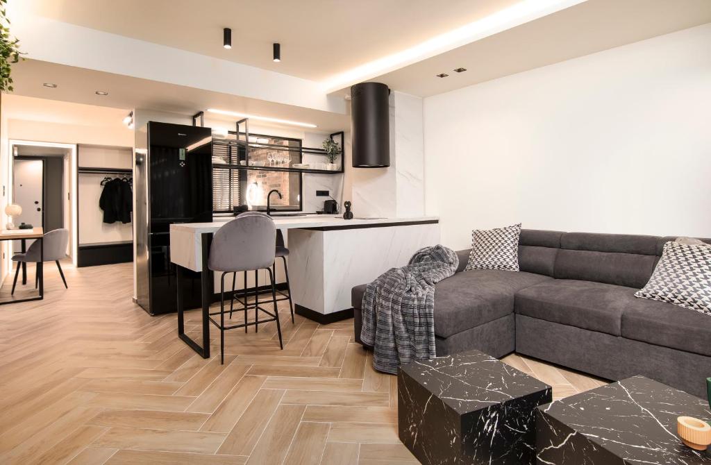 Almasi Luxury Suites Marquise في أليكساندروبولي: غرفة معيشة مع أريكة ومطبخ