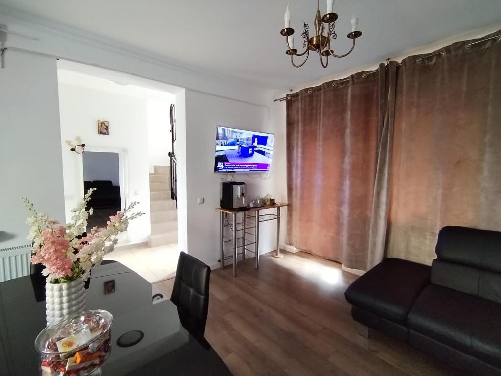 ein Wohnzimmer mit einem Sofa und einem TV in der Unterkunft Casa Barnova in Vişan