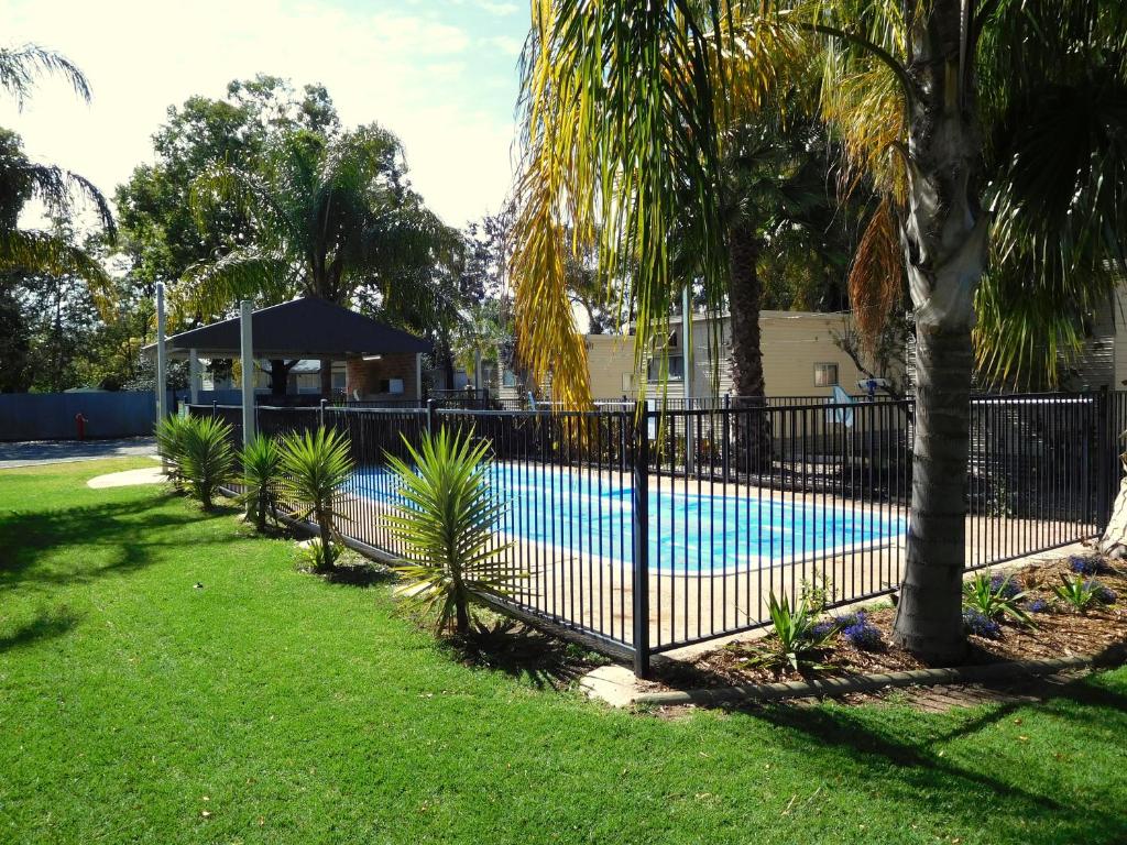 a black fence around a swimming pool with palm trees at Narrabri Motel and Caravan Park in Narrabri