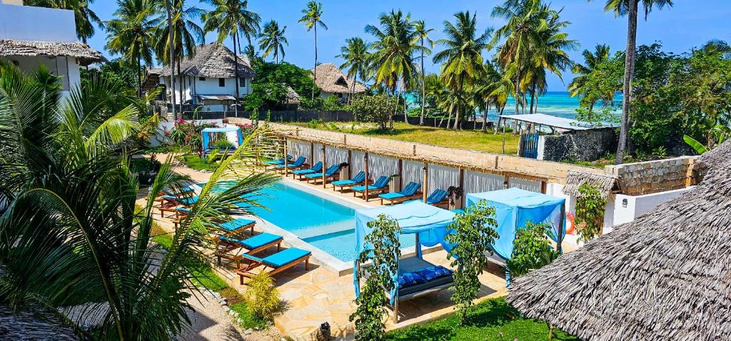 vista aerea su un resort con sedie e piscina di Pingwe Beach Apartments a Pingwe