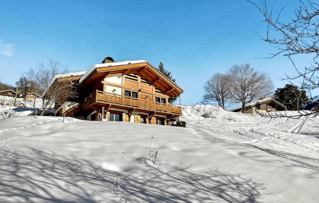 une cabane en rondins dans la neige avec une route devant dans l'établissement Les Neisieux, à Manigod