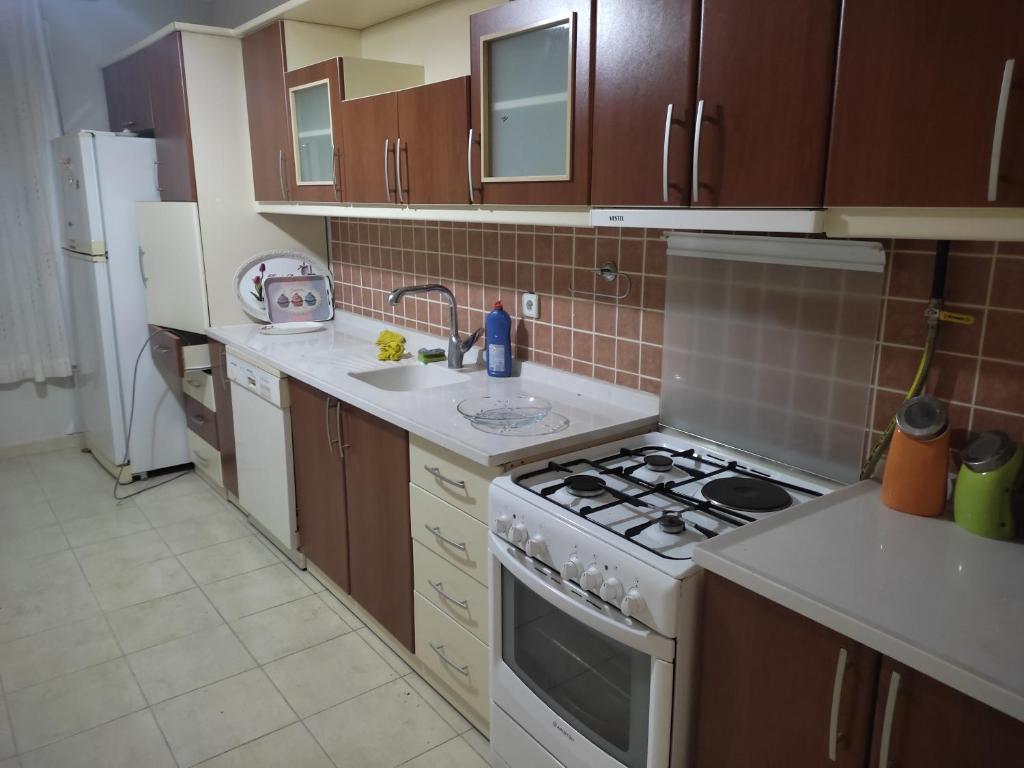a small kitchen with a stove and a sink at ERCİYESİN MÜKEMEL MANZARASI in Kayseri