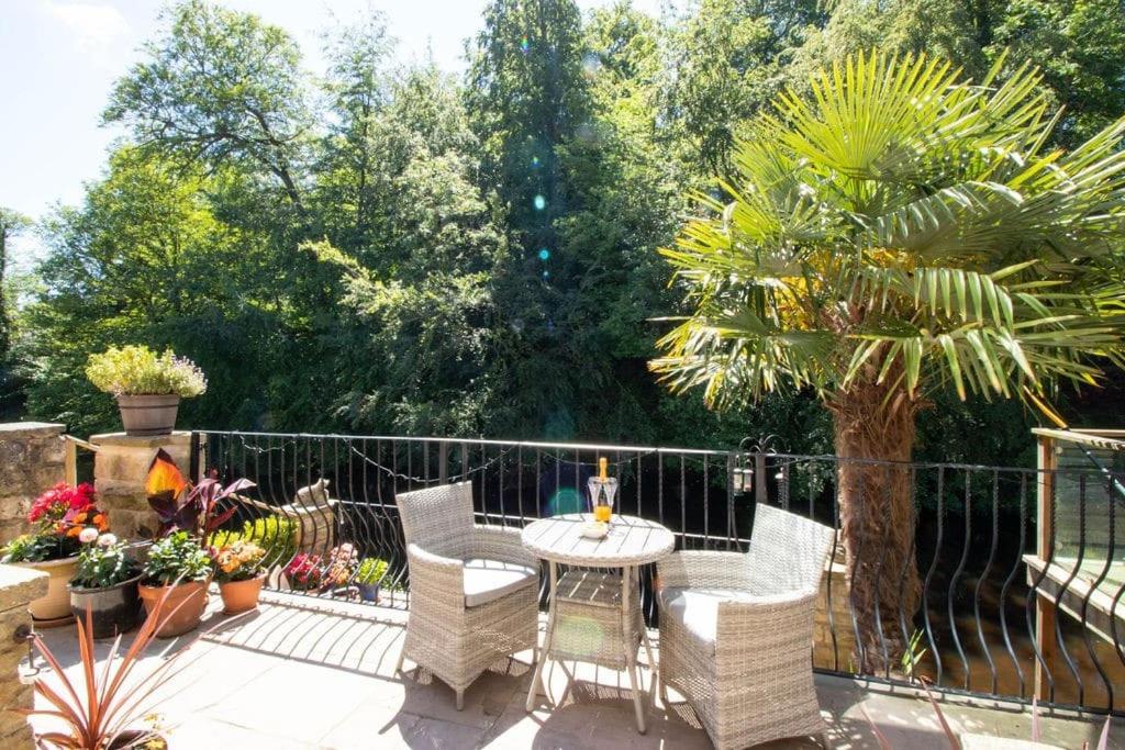 a patio with a table and chairs and a palm tree at Riverside in Knaresborough