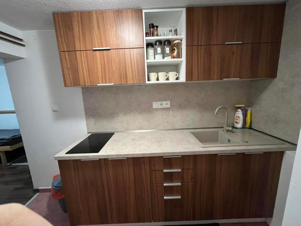 a kitchen with a sink and wooden cabinets at U Martuly in Ružomberok