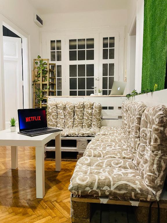 a living room with a couch and a laptop on a table at Hostel Green World in Novi Sad