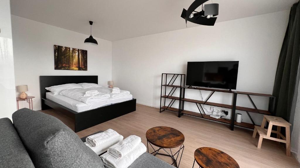 ein Wohnzimmer mit einem Sofa und einem Bett in der Unterkunft 2 room Apartment with terrace, new building, 25 in Bratislava