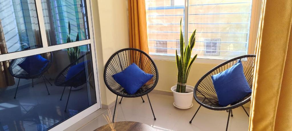 four chairs with blue pillows on a balcony with a window at Zeyden Place Apt in Praia