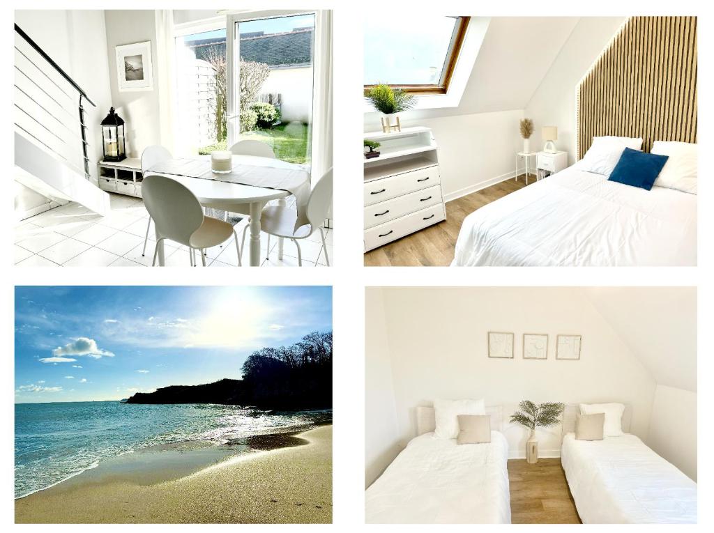 a collage of four pictures of a bedroom and a beach at MARNELLY Maison Ploemeur 4 adultes et 1 enfants avec jardin privatif exposé sud in Ploemeur
