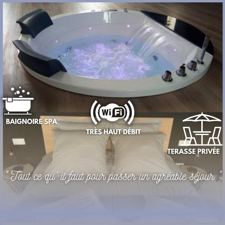 une baignoire jacuzzi dans une chambre d'hôtel dans l'établissement La Casa du Dolmen Clara, balnéo privée, entre terre et mer, à Plounévez-Lochrist