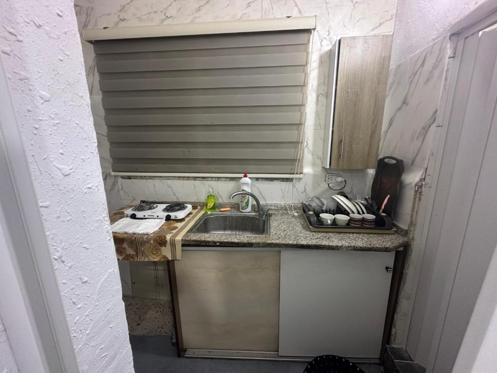 a small kitchen with a sink and a mirror at Furnished studio with private entrance in Irbid