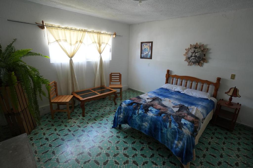 a bedroom with a bed and a chair and a window at Hostal Casa Del Sol Comitan in Comitán de Domínguez