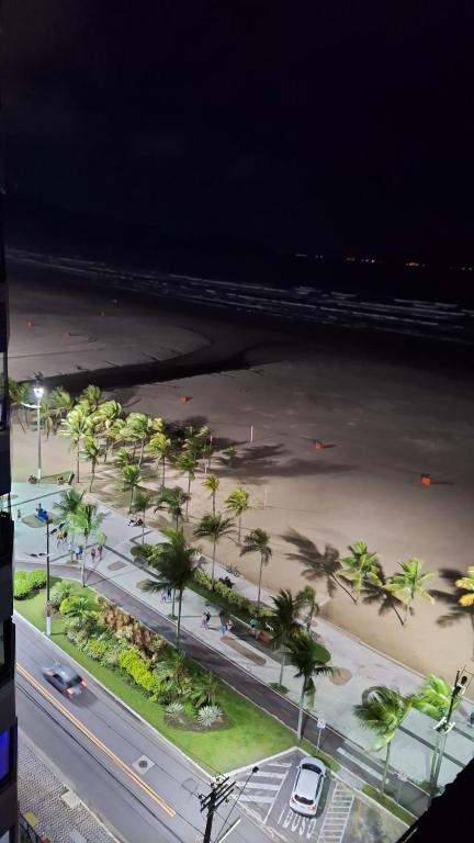 - une vue aérienne de nuit sur une plage bordée de palmiers dans l'établissement Nosso amor em paz, à Praia Grande