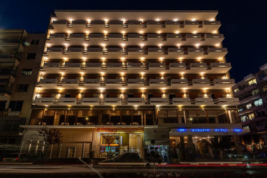 a building with lights on top of it at Oceanis Hotel in Kavála