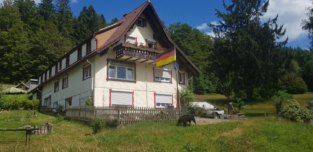 a house with a horse standing in front of it at Ferienhof Ziegler- Sonnenschein in Baiersbronn