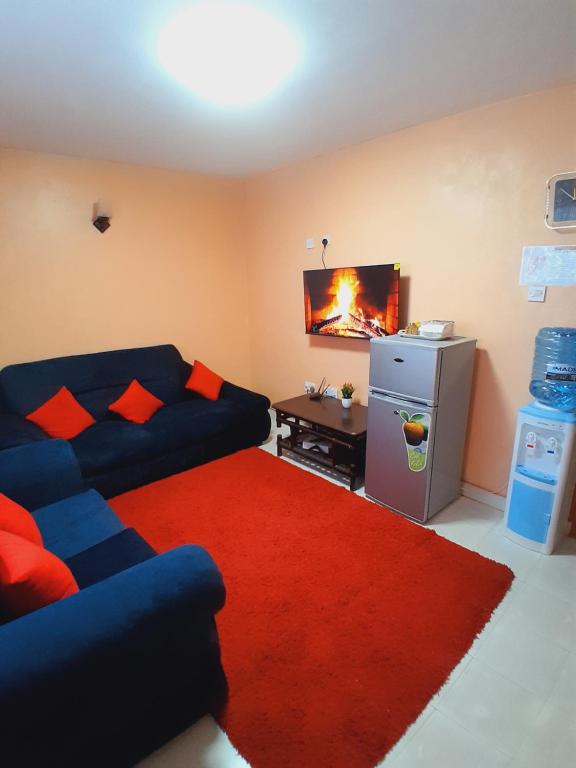 JAYDE COSSY HOMES في ناكورو: غرفة معيشة مع أريكة ومدفأة