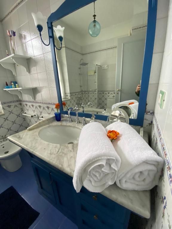 a bathroom with a sink and a mirror and towels at La casa di Beatrice e Francesca in Turin