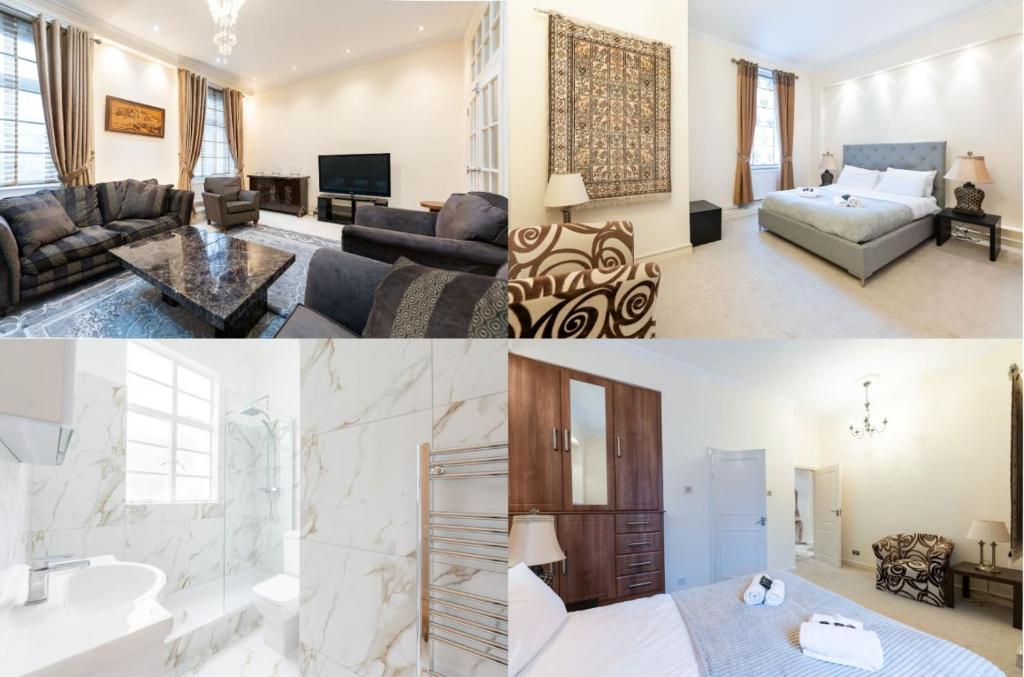 a collage of photos of a hotel room at Luxury 4 bedroom flat in Sussex Gardens in London
