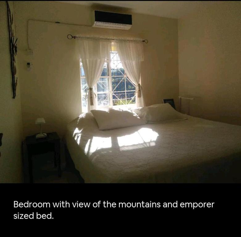 a bedroom with view of the mountains and emperor sized bed at Mountain View in Kingston