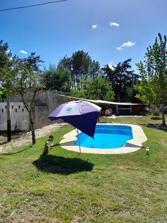 a purple umbrella sitting next to a swimming pool at Las toscas casa con piscina in Las Toscas