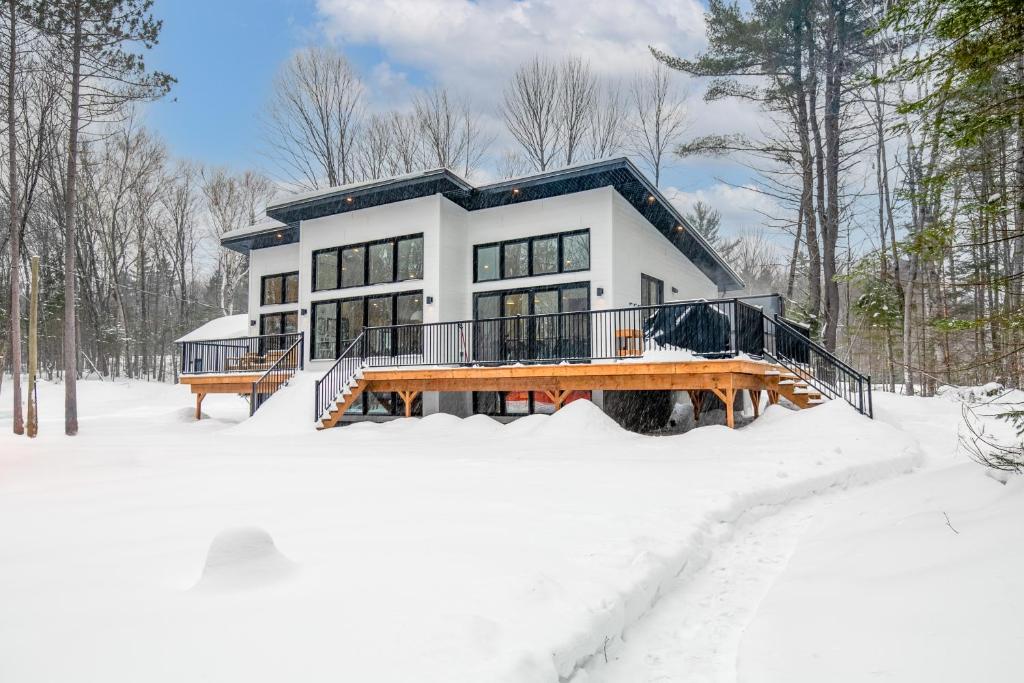 a house in the snow in the woods at Le Singapour - Cottage Resort - Brownsburg-Chatham in Brownsburg